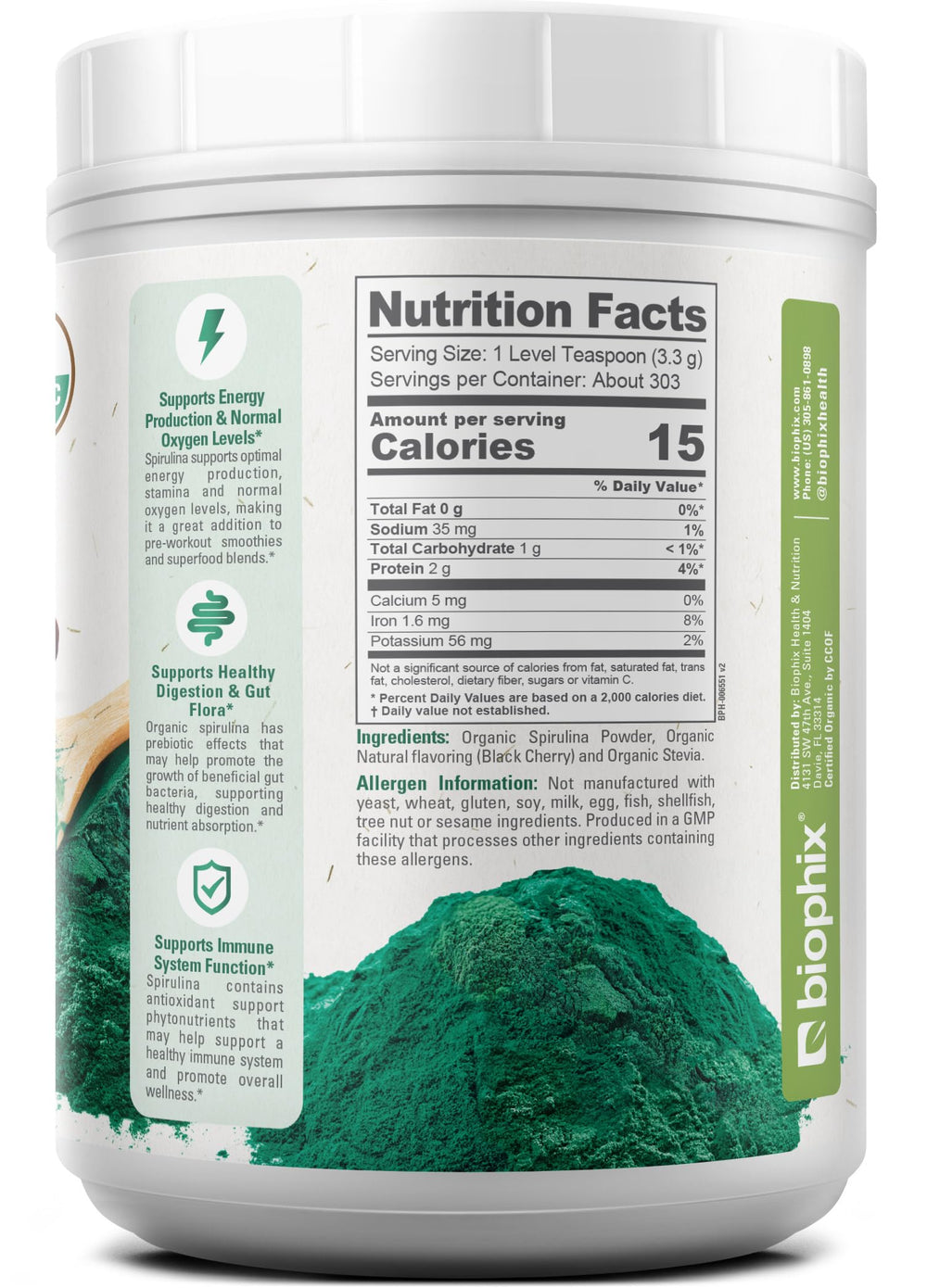 Biophix Spirulina Cherry flavor being stirred into smoothie for color and taste.