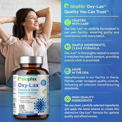 Biophix Oxy-Lax certifications page shows organic and cGMP compliance