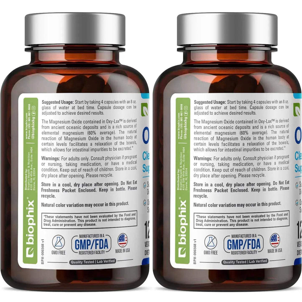 Biophix Oxy-Lax label detail emphasizes natural magnesium oxide source