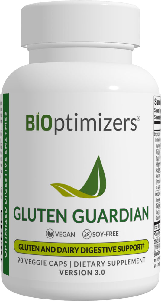 BiOptimizers Gluten Guardian 3.0 bottle close-up with capsules for digestive support.