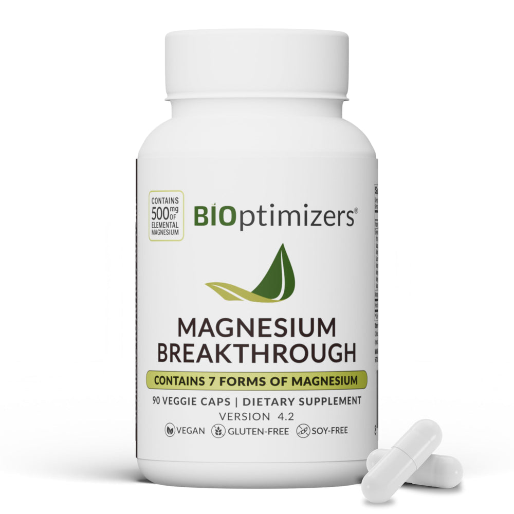 BIOptimizers Magnesium Breakthrough bottle with capsules supports nightly sleep and daily calm.
