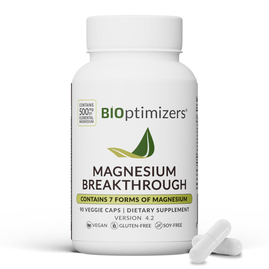 BIOptimizers Magnesium Breakthrough bottle with capsules supports nightly sleep and daily calm.