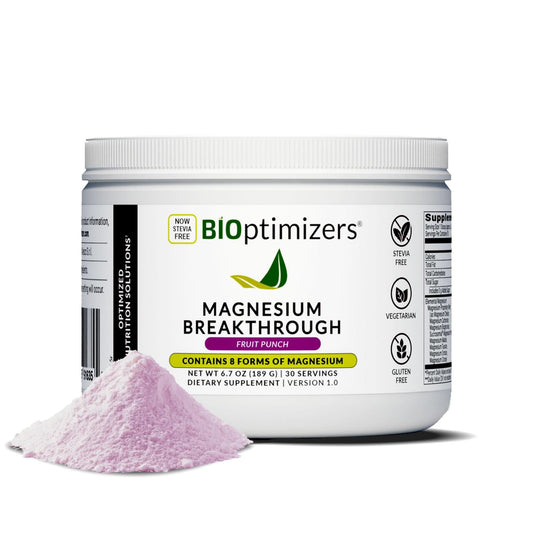 BIOptimizers Magnesium Breakthrough Drink bottle on counter for daily relaxation