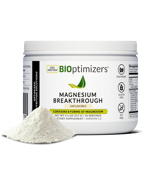 BIOptimizers Magnesium Breakthrough Drink bottle on white surface showing eight forms for daily wellness