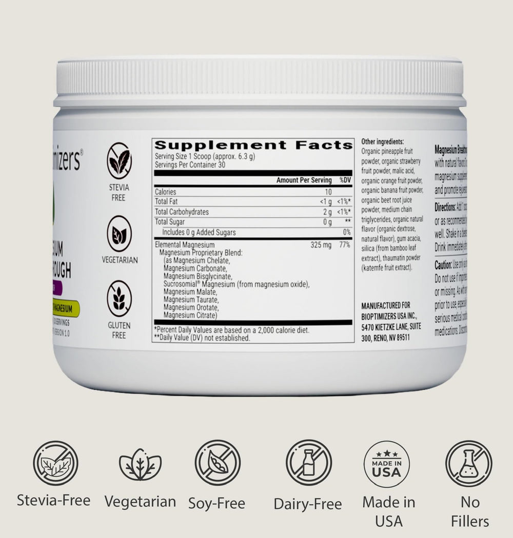 BIOptimizers Magnesium Breakthrough Drink ingredient panel highlighting 8 magnesium forms