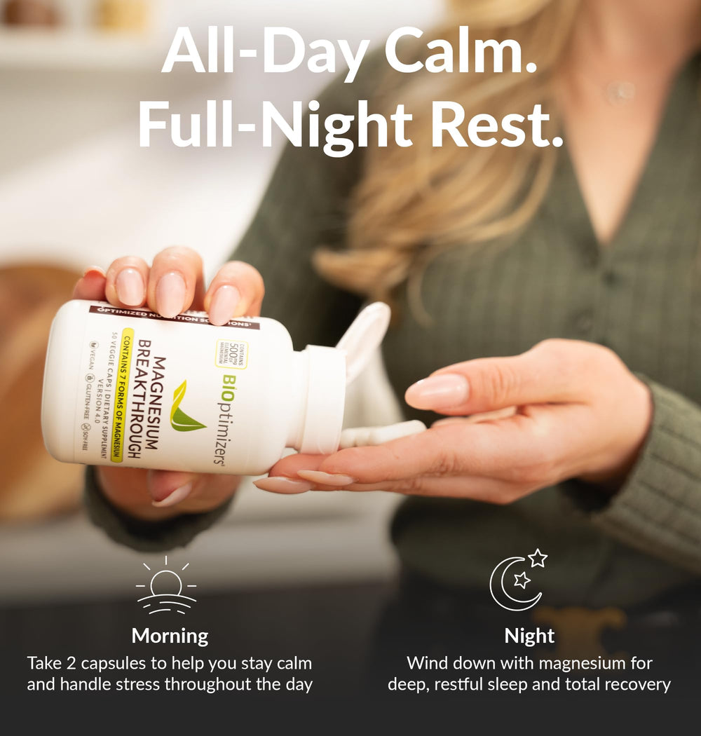 Calm bedroom scene with BIOptimizers Magnesium Breakthrough for restful sleep.