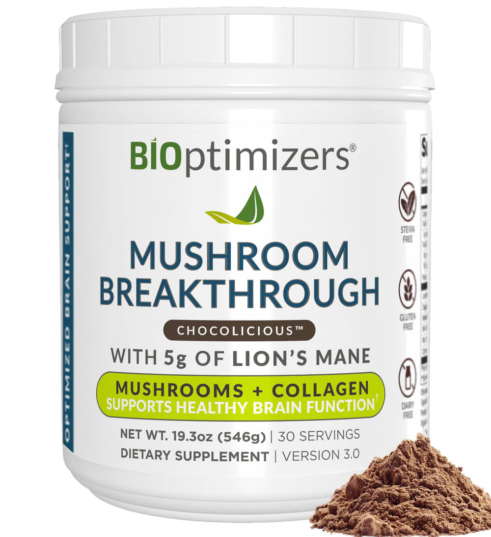 BiOptimizers mushroom chocolate drink packaging for a clean, focus-friendly start to your day