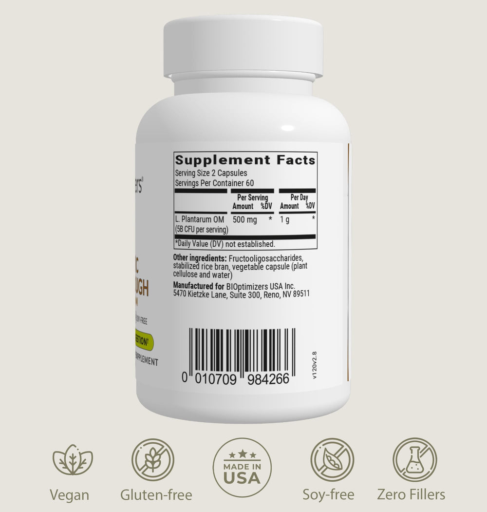 BIOptimizers Probiotic Breakthrough vegan logo indicates plant-based health support.