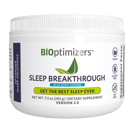 BIOptimizers Sleep Breakthrough 2.0 blue berry dreams tub label promotes natural sleep support.