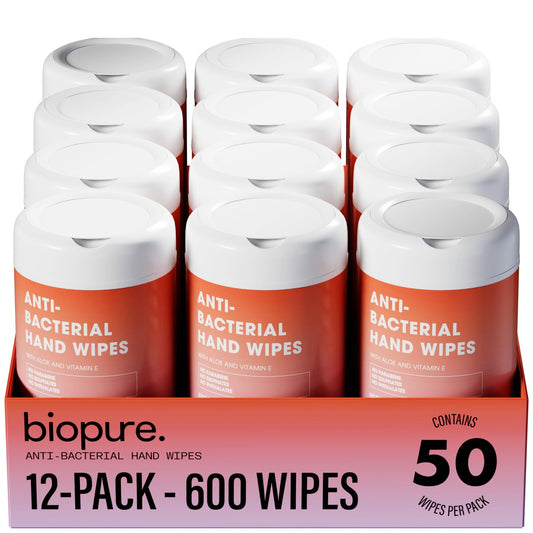BIOPURE 50 Ct hand wipes front canister shows compact, portable hygiene on the go.