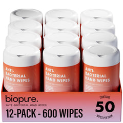 BIOPURE 50 Ct hand wipes front canister shows compact, portable hygiene on the go.