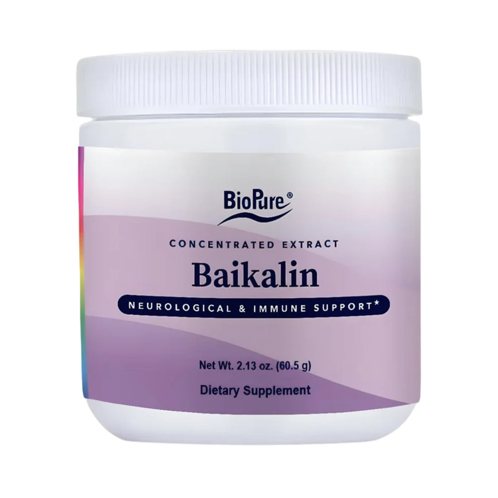 BioPure Baikalin Powder bottle shows pure herbal supplement for daily balance.