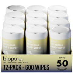 BIOPURE vanilla-scent antibacterial wipes in a 50-count canister for on-the-go cleansing
