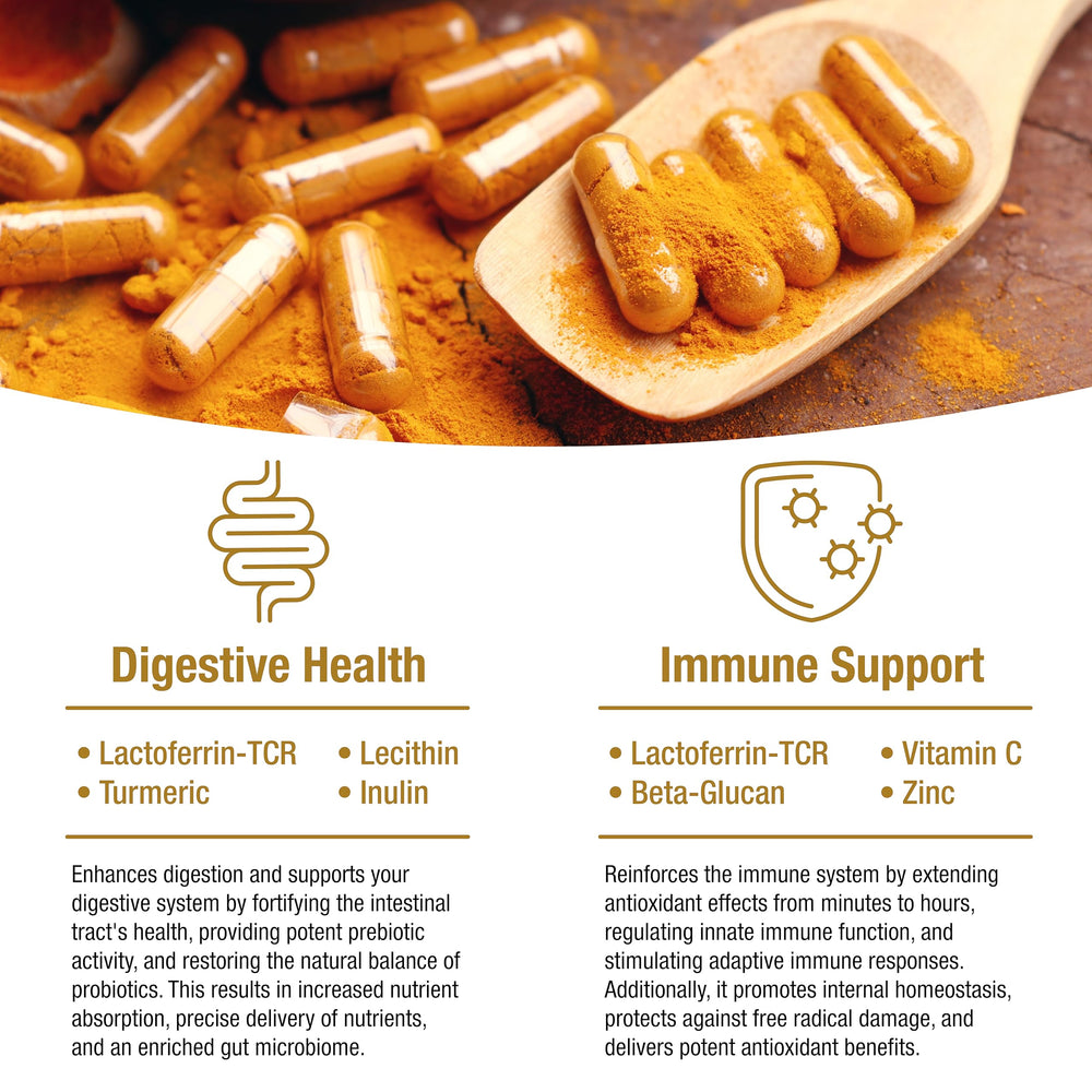 Capsules of BioQuad Lactoferrin Gold arranged for daily supplementation.