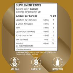 Close-up of BioQuad Lactoferrin Gold label highlighting lactose-free and gluten-free formula.