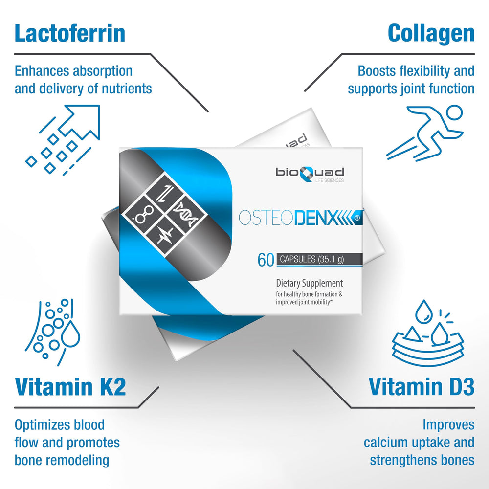 bioQuad OSTEODENX pour from bottle illustrates convenient daily use.