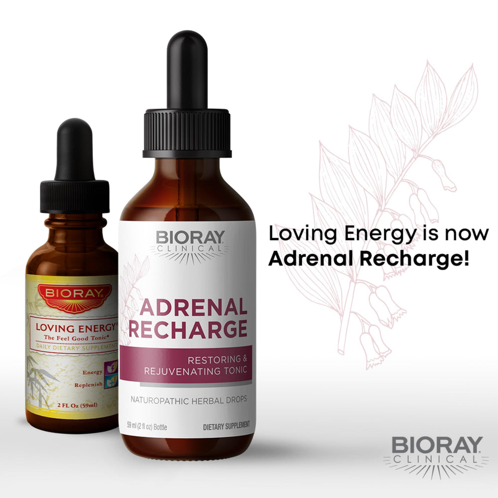 BIORAY Adrenal Recharge tincture bottle label emphasizes vegan, non-GMO formulation