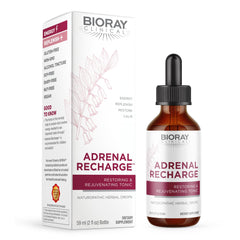BIORAY Clinical Adrenal Recharge bottle on a kitchen counter for daily energy support.