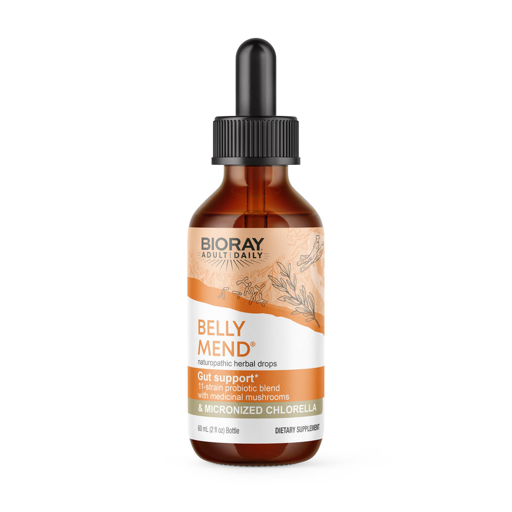 BIORAY Daily Belly Mend bottle showing the 11-strain probiotic formula for gut support.