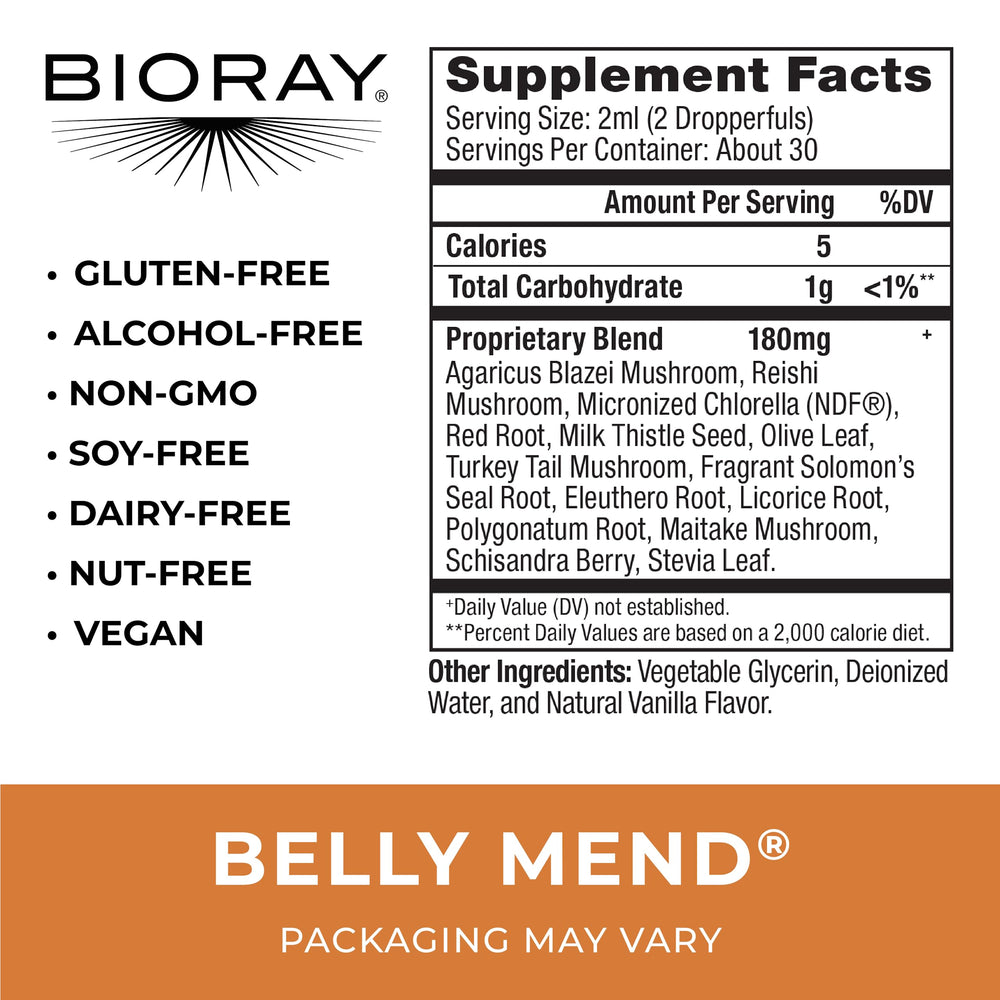 BIORAY Daily Belly Mend label highlighting the 11-strain blend and mushroom support.