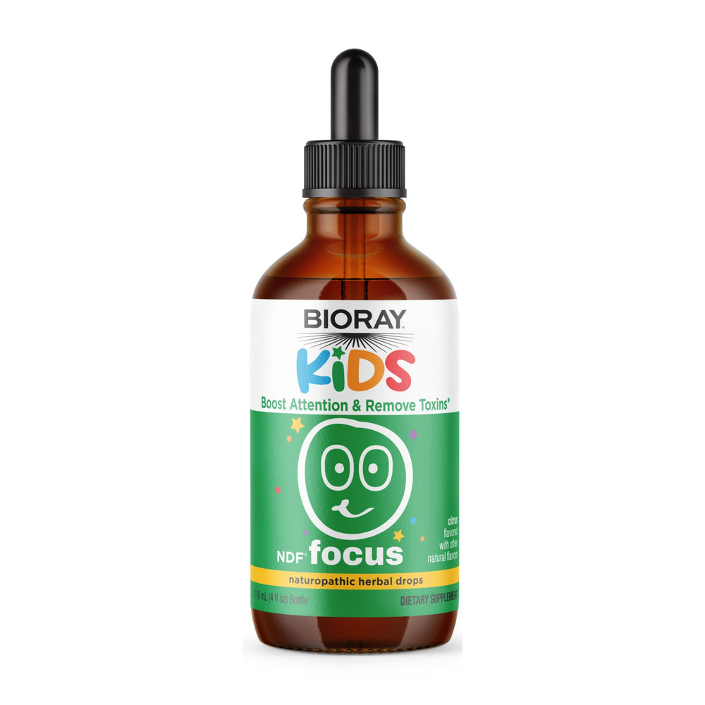 BIORAY Kids NDF Focus Citrus bottle shown for focused energy during homework.