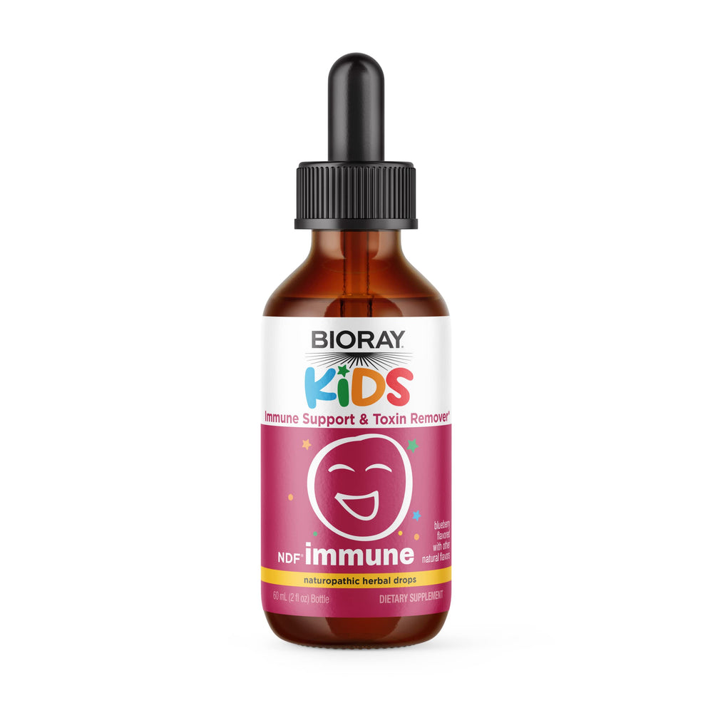 BIORAY Kids NDF Immune Blueberry bottle pour supports convenient daily immune care for kids.
