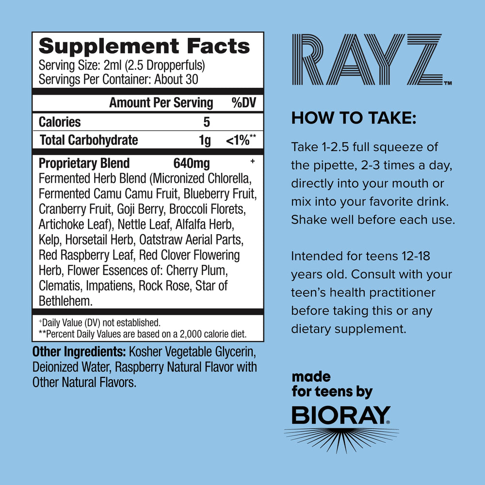 BIORAY RAYZ All Systems Glow raspberry label close-up showing ingredients