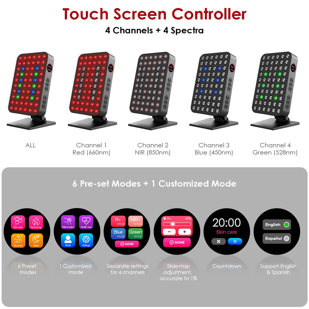 Biored-RLT 300W remote control and touch screen enable quick, personalized mode selection.