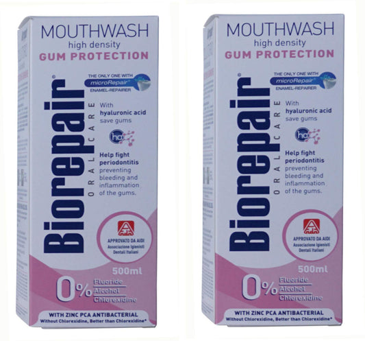 Biorepair Gum Protection mouthwash bottle showing a soothing gum care formula