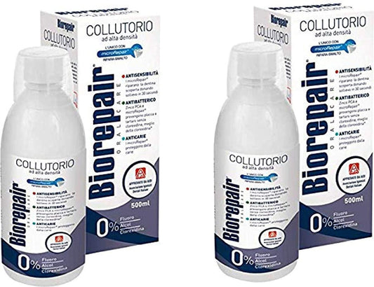 Biorepair mouthwash 500ml bottle front offers refreshing breath and daily protection.