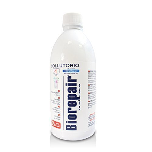 Biorepair mouthwash bottle pour demonstrates easy rinse experience.