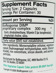 Bioresponse DIM 150 bottle label showing patented formulation and key ingredients.