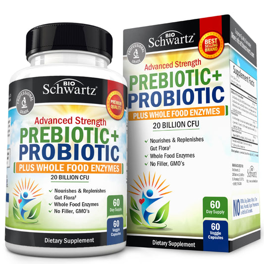 BioSchwartz advanced prebiotics and probiotics bottle front for daily gut balance