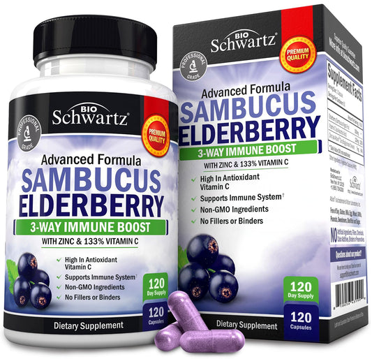 BioSchwartz elderberry capsules bottle showing daily immune support.