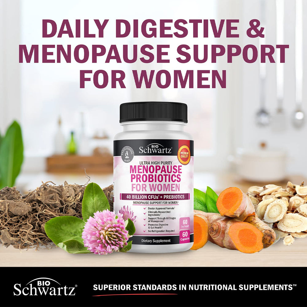BioSchwartz menopause prebiotic fiber visual emphasizing gut health support