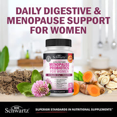 BioSchwartz menopause prebiotic fiber visual emphasizing gut health support