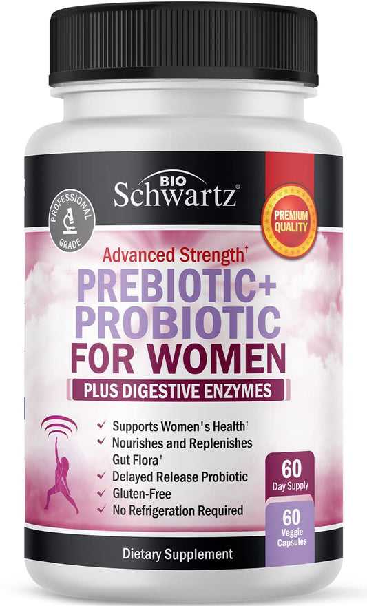BioSchwartz women's prebiotics and probiotics bottle supports daily gut wellness.
