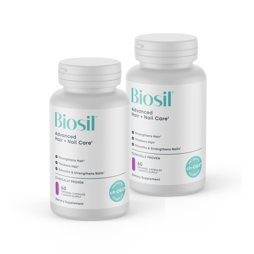 Biosil Advanced Hair + Nail Care bottle front showing packaging for daily use
