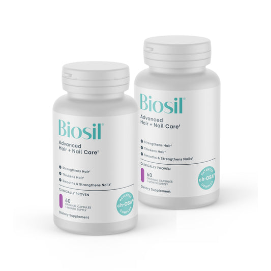 Biosil Advanced Hair + Nail Care bottle front showing packaging for daily use