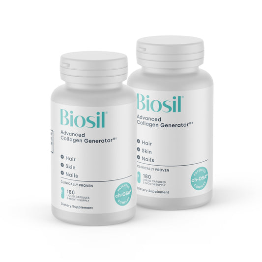 Biosil Collagen Booster bottle pour promotes daily use for radiant skin.