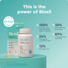 Close-up of Biosil Collagen Booster capsules emphasizing vegan formula