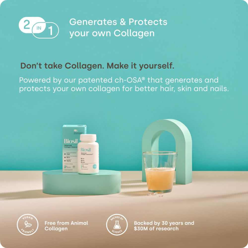 Biosil Collagen Booster skin glow visual hints at a natural radiance.