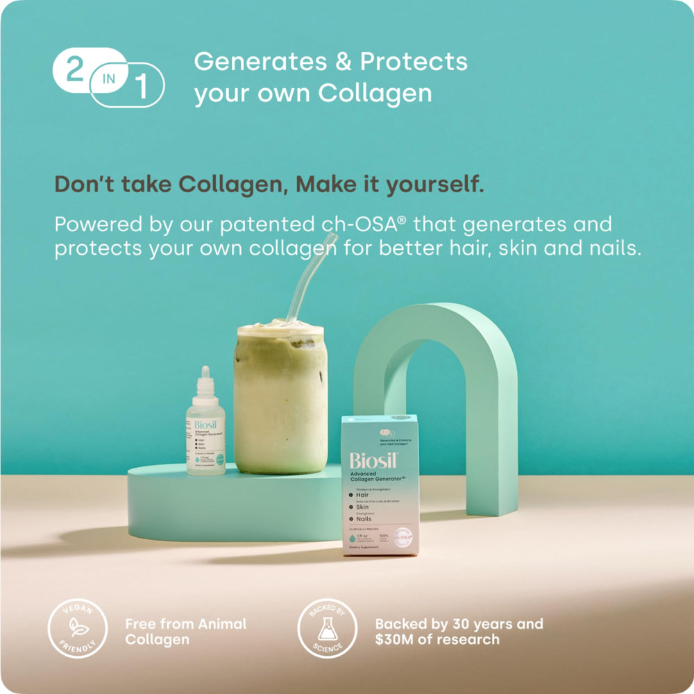 Biosil Collagen Booster vegan-friendly badge—high purity formula, free from GMOs and common allergens
