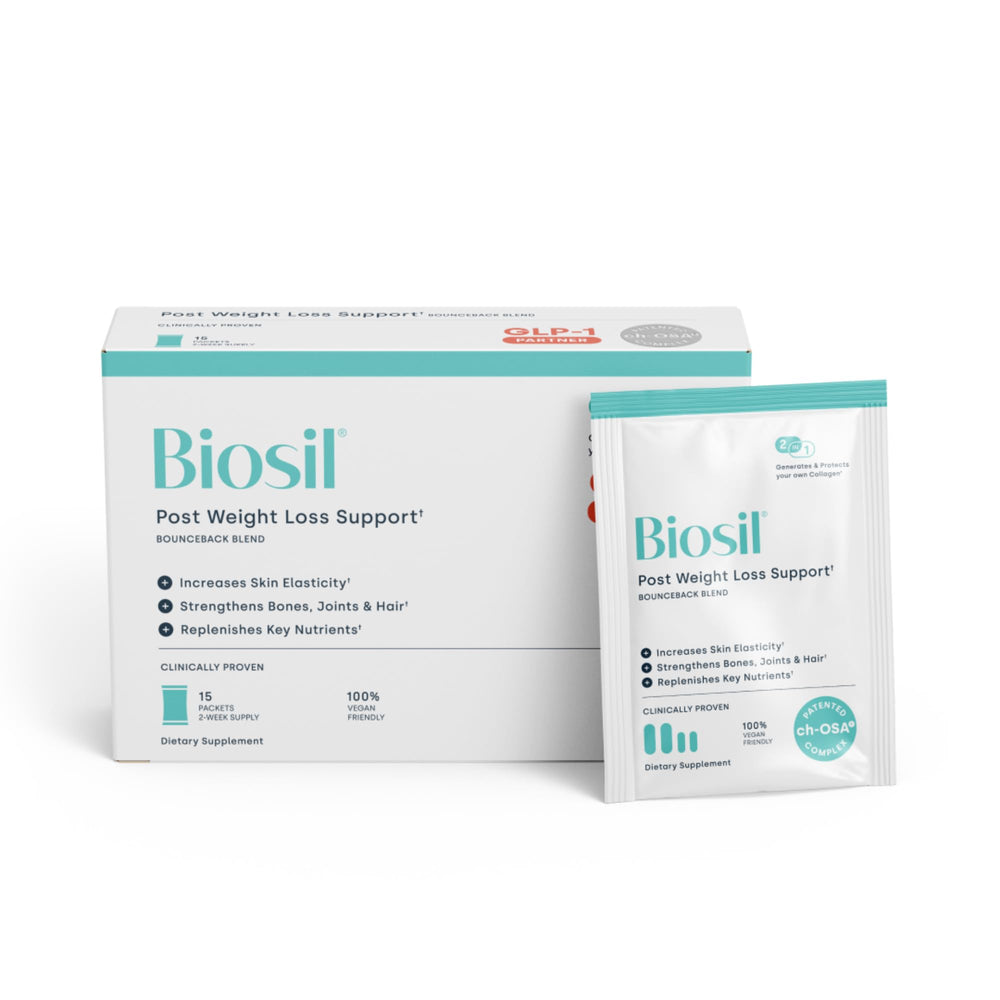 Biosil Post Weight Loss BounceBack bottle supports skin elasticity and joint comfort