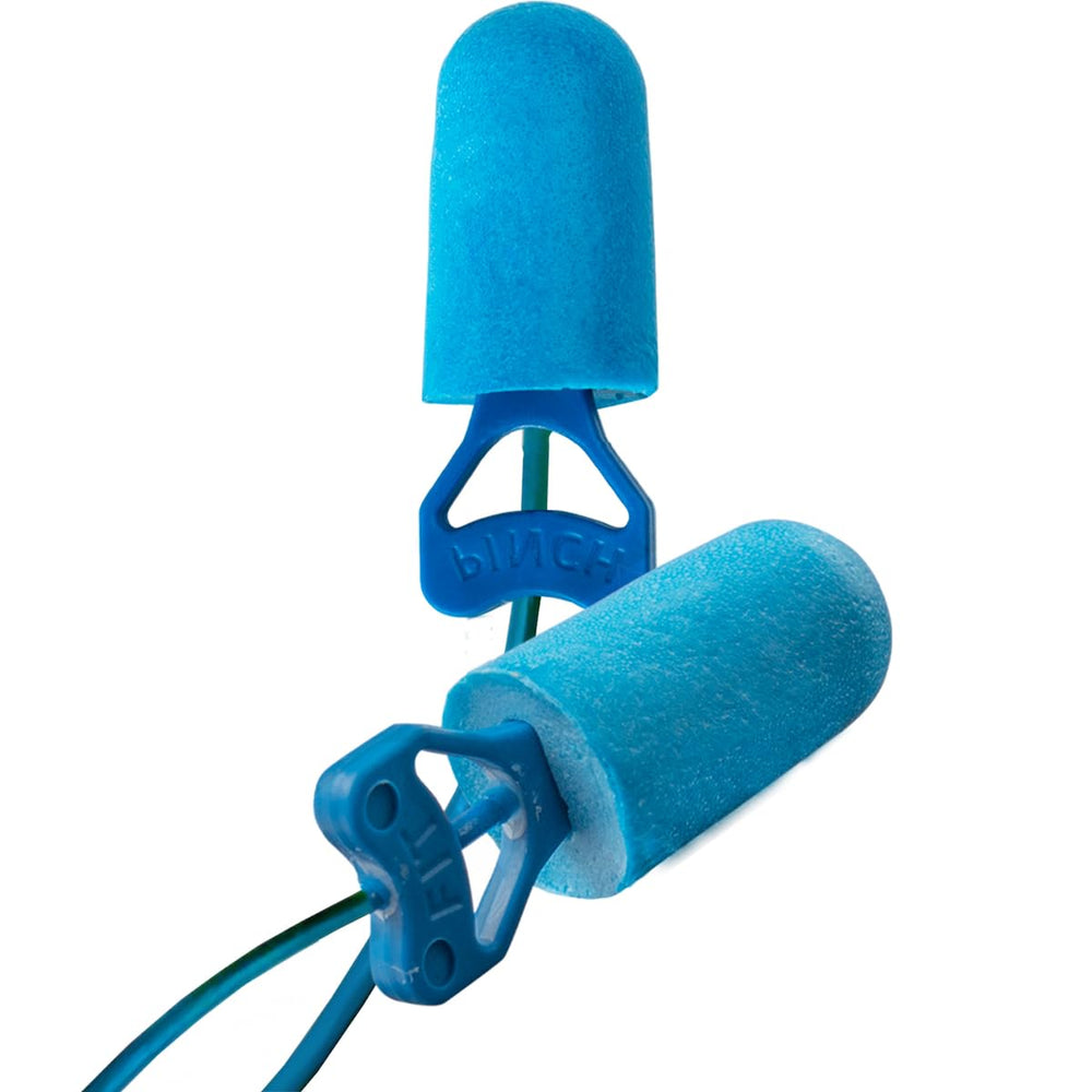 BIOSOFT Pinchfit blue corded ear plug close-up for food industry protection.