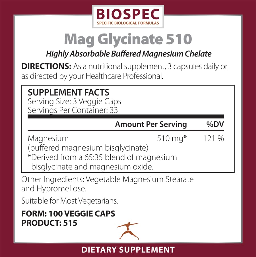 BIOSPEC Nutritionals Mag Glycinate 510 label emphasizes purity and third-party testing.