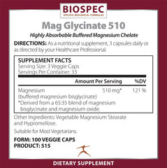 BIOSPEC Nutritionals Mag Glycinate 510 label emphasizes purity and third-party testing.