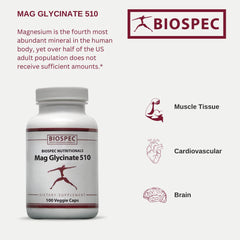 BIOSPEC Magnesium Glycinate 510 container shows USA-made, cGMP manufacturing for safer daily use.