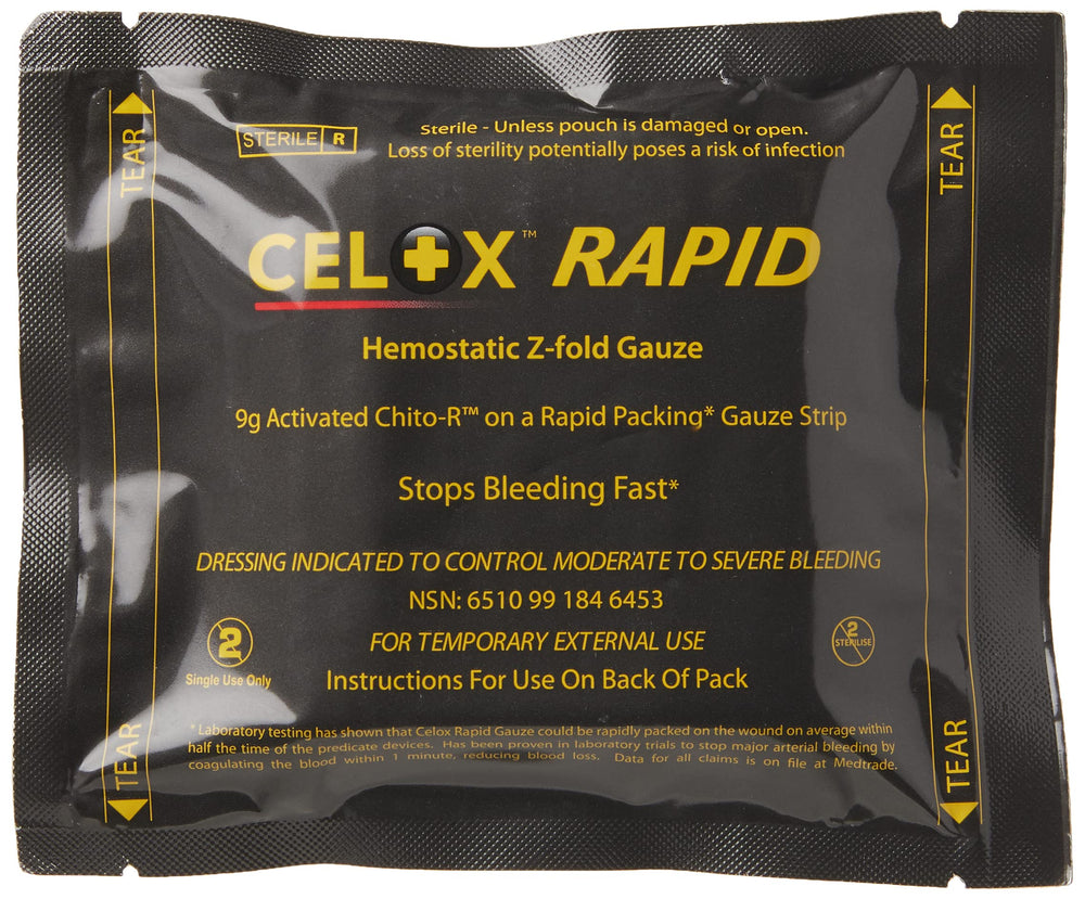 Biostat Celox Rapid gauze in a compact Z-folded design for rapid on-site access.