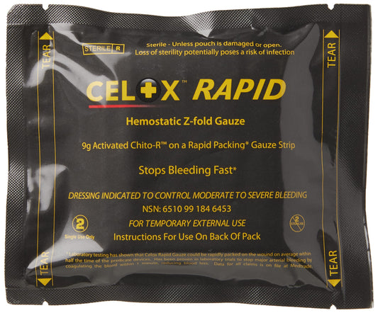 Biostat Celox Rapid gauze in a compact Z-folded design for rapid on-site access.
